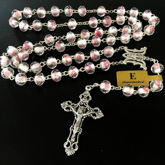 Rose Pink Veluriyam Rosary Beads Catholic Necklace Gift Box - Picture 5 of 9